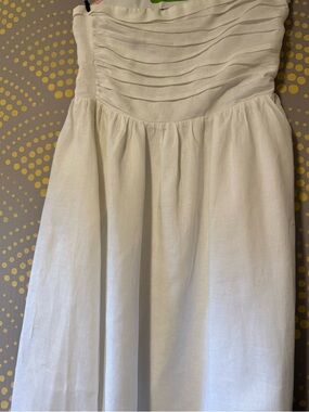 DISSH Strapless White Linen Pleated Bodice Midi Dress